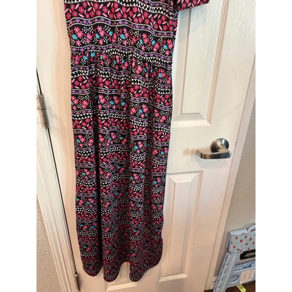 DotDotSmile Maxi Dress Black Pink Floral Geometric Boho Short Sleeve Girls 8/10